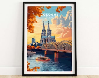May include: Framed art print of Cologne, Germany, featuring the Cologne Cathedral, a bridge, and boats on the river. The artwork has a warm color palette with orange, blue, and yellow hues. The text "Cologne Germany" is at the top.