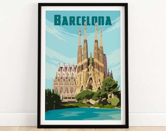 Barcelona print | Reisposter | Vintage muurdecoratie van Barcelona uit Spanje | Barcelona cadeau (ingelijst of oningelijst)