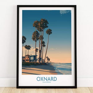 May include: A framed art print featuring a beach scene with palm trees, a lifeguard station, and the text "OXNARD CALIFORNIA" at the bottom. The sky transitions from blue to orange, suggesting a sunset.