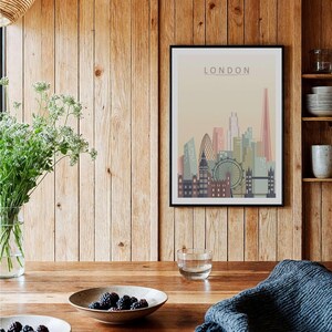 London Skyline Print | Wall Art displayed in a cozy interior with wood accents and a neutral palette.