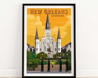 New Orleans-kunstafdruk | Muurkunst Louisiana | Vintage reisposter cadeau