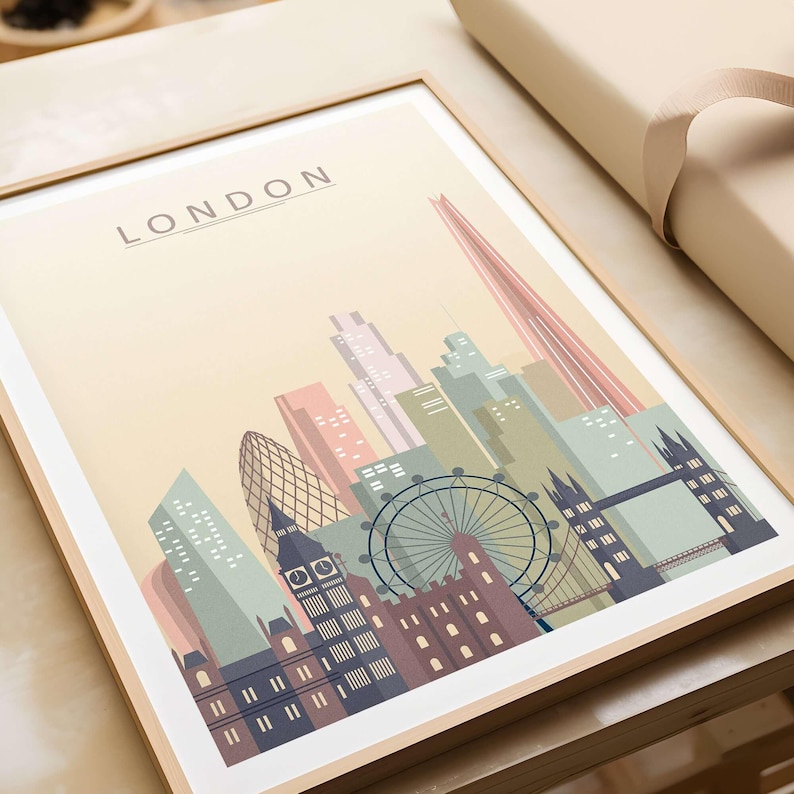 London Skyline Print | Wall Art featuring an artistic representation of London's iconic skyline in soothing beige tones.