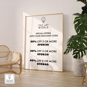 May include: A white poster with black text that reads "THIS ART WORLD" and "SPECIAL OFFERS APPLY YOUR DISCOUNT CODE". The poster lists discounts for buying 3, 5, or 8 or more items. The discounts are 20%, 30%, and 40% off, respectively. The discount codes are 3FOR20, 5FOR30, and 8FOR40.