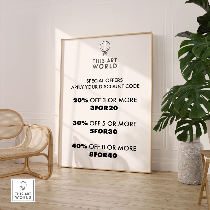 May include: A white poster with black text that reads "THIS ART WORLD" and "SPECIAL OFFERS APPLY YOUR DISCOUNT CODE". The poster lists discounts for buying 3, 5, or 8 or more items. The discounts are 20%, 30%, and 40% off, respectively. The discount codes are 3FOR20, 5FOR30, and 8FOR40.