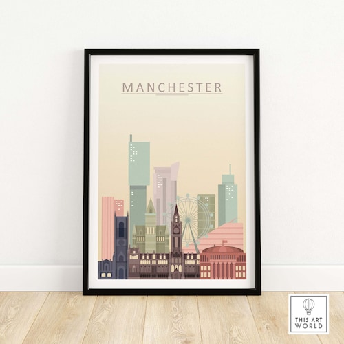 Manchester Skyline Print Vibrant Manchester Cityscape Wall Etsy