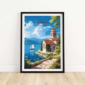 Impresión de arte mural de Ohrid, póster de viaje, decoración de pared de Ohrid, regalo para amantes del arte de Ohrid, ilustración de Ohrid, Macedonia, regalo artístico del lago de Macedonia
