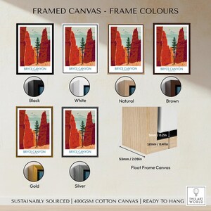 Bryce Canyon National Park print with float frame canvas in black, white, natural, brown, gold, and silver options.