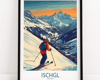 Póster de esquí Ischgl Lámina artística de esquí Austria Arte de pared de cabaña de esquí Decoración del hogar Regalo de esquí Decoración de casa de esquí Lámina de habitación de deportes de invierno Arte de chalet