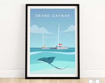 Grand Cayman kunst aan de muur poster afdrukken | Caribische reisposter | Grand Cayman-kunst | Pijlstaartrog kunst | Catamaranschilderij | Cadeau idee