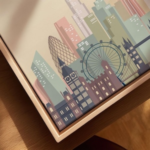 London Skyline Print | Wall Art featuring iconic buildings like the London Eye and skyscrapers in soothing beige tones.
