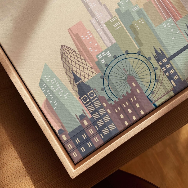 London Skyline Print | Wall Art featuring iconic buildings like the London Eye and skyscrapers in soothing beige tones.