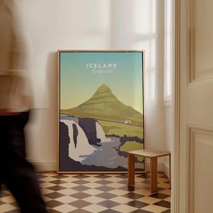 Iceland Kirkjufell travel poster with mountain, waterfall, and car, framed wall art for home decor