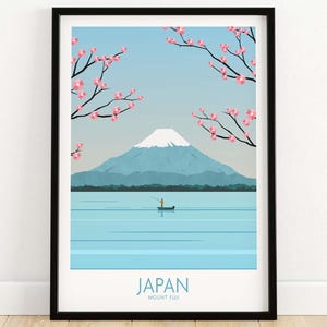 May include: A minimalist illustration of Mount Fuji with a small boat on a lake in the foreground. Pink cherry blossoms frame the mountain on either side. The text "JAPAN MOUNT FUJI" is at the bottom of the image.
