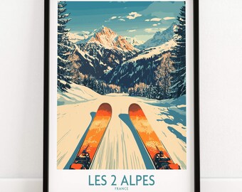 Ski Resort Poster: Les 2 Alpes Winter Scene - Vintage Travel Art