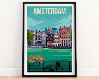 Amsterdam Print, Amsterdam Poster, Wall Art, Amsterdam Skyline, Netherlands Travel Gift, Vintage Travel Art, Amsterdam City Art, Wall Decor