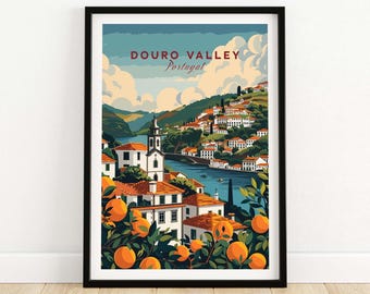 May include: A colorful illustration of a town in the Douro Valley, Portugal. The town is built on a hillside overlooking a river. The illustration is in a retro style with a bright color palette.