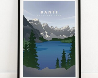 Banff Print | Plakat z Parkiem Narodowym | Banff Wall Art | Wydruk z podróży po Kanadzie | Dekoracja ścienna do domu | Minimalistyczny plakat z nadrukiem Jeziora Moraine