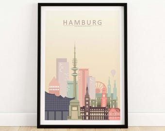 Hamburg Skyline Print | Duitse Muurposter | Hamburg Muurdecoratie | Hamburg Stadsgezicht Pastel Kunstwerk | Hamburg Duitsland Kunstcadeau