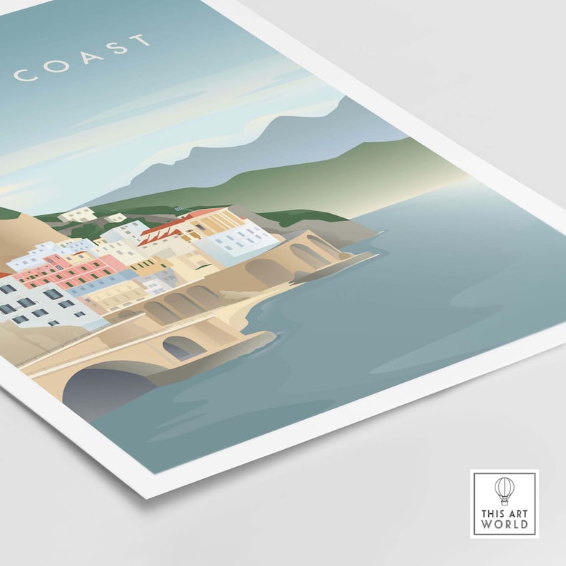 May include: A colorful illustration of a coastal town with a bridge, buildings, and mountains in the background. The text "COAST" is at the top of the image.
