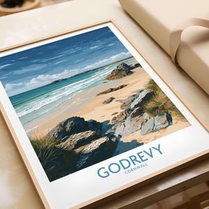 Godrevy Beach Poster Cornwall, Coastal Travel Decor, Seascape Wall Art, Vintage Style Print, Ocean Landscape Gift, Beach House Decor