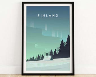 Finland Print Poster | Lapland Wall Art | Finland Travel Poster | Scandinavian Print | Northern Lights Art | Gift Idea