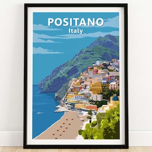Positano Wall Art Vintage Travel Poster Italy | Italian Coastal Print | Framed & Unframed Gift Idea | Mediterranean Home Decor image 1