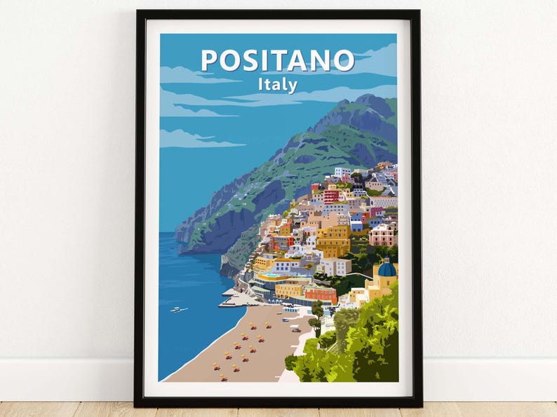 Positano Wall Art Vintage Travel Poster Italy | Italian Coastal Print | Framed & Unframed Gift Idea | Mediterranean Home Decor image 1