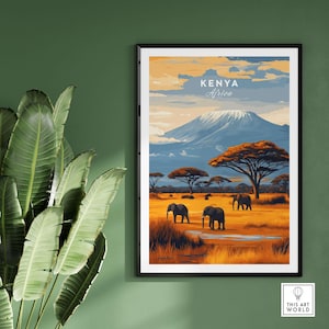 Kenya Africa Elephant Safari Poster - Wildlife Mountain Art Print Kenya Gift Art Lovers Illustration