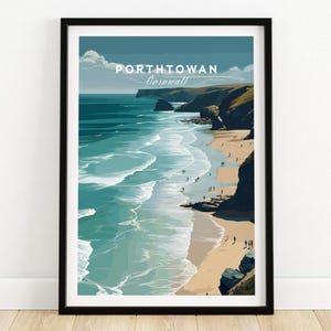May include: A framed art print featuring a coastal scene of Porthtowan, Cornwall. The artwork depicts a beach with turquoise water, sandy shores, and cliffs. The text "Porthtowan Cornwall" is displayed at the top. The print is in a black frame.
