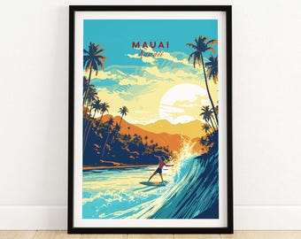 May include: A colorful illustration of a surfer riding a wave in front of a tropical island landscape. The sky is blue with white clouds and a bright yellow sun. The text "MAUI Hawaii" is in the upper left corner of the image.
