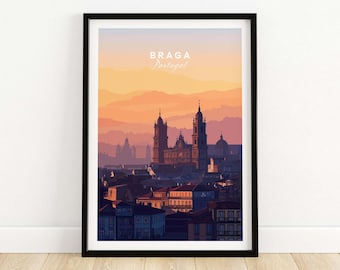 May include: Framed art print showing a stylized illustration of Braga, Portugal. The artwork depicts a cityscape with buildings and a cathedral under a warm, sunset-colored sky. Text at the top reads "BRAGA Portugal". The print is in a black frame.