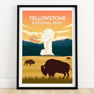 Wydruk artystyczny Yellowstone: Rustykalna scena z dziką przyrodą – oprawiony lub nieoprawiony