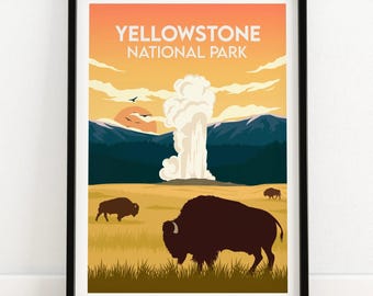 Yellowstone Art Print: Rustic Wildlife Scene - Framed or Unframed