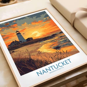 New England Coastal Prints - Travel Poster of Nantucket Lighthouse  Gift Art Lovers Illustration