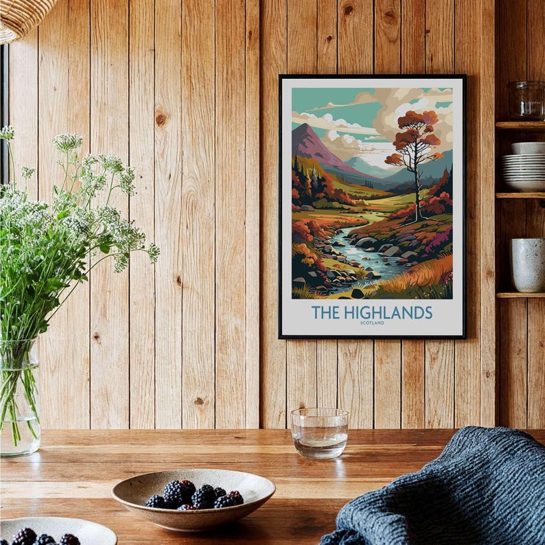 The Highlands Scotland Art Print in a modern decor setting, featuring vibrant colors and nature details.