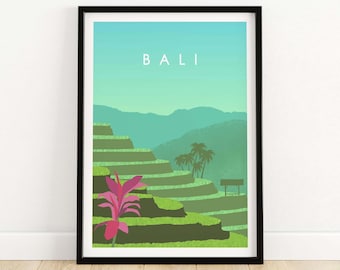 May include: A green and blue illustration of rice paddies in Bali, Indonesia. The text "BALI" is at the top of the image. A pink flower is in the foreground.