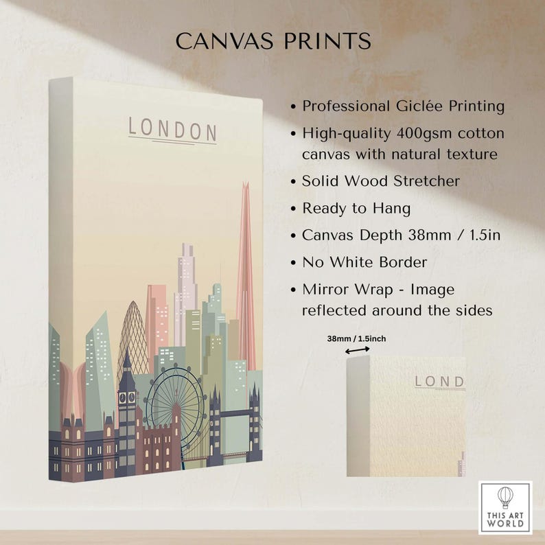London Skyline Print | Wall Art details featuring professional Giclée printing and natural texture.