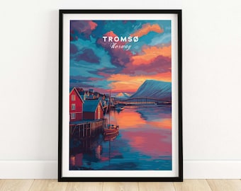 May include: Framed art print featuring a vibrant landscape of Tromsø, Norway. The artwork depicts red buildings, a bridge, and a mountain range under a colorful sunset sky. The text "Tromsø Norway" is at the top.