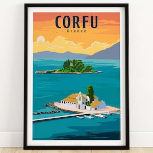 Stampa di Corfù, Grecia, poster / Arte murale di Corfù / Arredamento greco per la casa / Regalo di Corfù / Poster di viaggio dell'isola di Corfù, opera d'arte con cornice e senza cornice