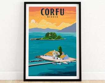 May include: A vintage travel poster with a sunset background and the text "CORFU Greece". The poster features a small island with a white building and a green tree. There are boats in the water.