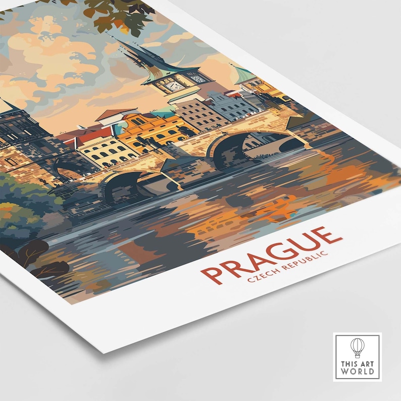 Prague Travel Poster showcasing the historic architecture and riverside view of Prague, Czech Republic.