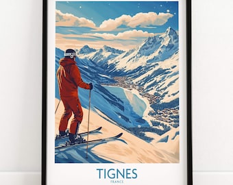 Tignes Poster France Ski Print Mountain Art Ski Lodge Wall Decor Winter Sports Artwork Home Alpine Chalet Gift Adventure Sport Resort Art
