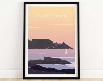 Arte mural de Ciudad del Cabo, impresión de Sudáfrica, póster de viaje, decoración minimalista para el hogar, paisaje de la Montaña de la Mesa y el mar, regalos sudafricanos