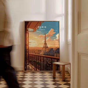 Paris Eiffel Tower Poster showcasing an illustration of the Eiffel Tower at sunset in a stylish interior setting.