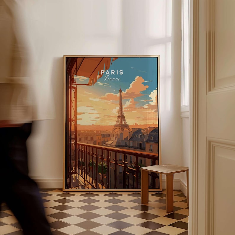 Paris Eiffel Tower Poster showcasing an illustration of the Eiffel Tower at sunset in a stylish interior setting.