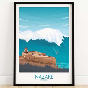Nazare Wall Art Print, Portugal Poster, Surfing Waves Decor, Vintage Travel Art, Coastal Home Office Gift, Framed Or Unframed