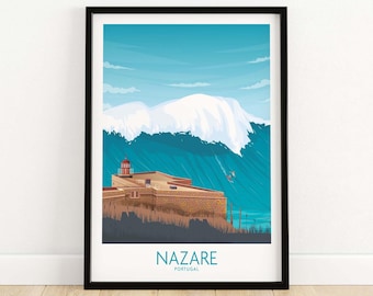 Nazare Wall Art Print, Portugal Poster, Surfing Waves Decor, Vintage Travel Art, Coastal Home Office Gift, Framed Or Unframed