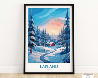 May include: A digital illustration of a snowy forest scene in Lapland, Finland. The illustration features a red cabin in the distance, a winding path through the snow, and a blue sky with a pink sunset.