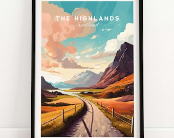 Lámina artística de las Tierras Altas de Escocia / Decoración de pared escénica / Regalo de cumpleaños y aniversario de bodas / Pintura de paisaje de las Tierras Altas