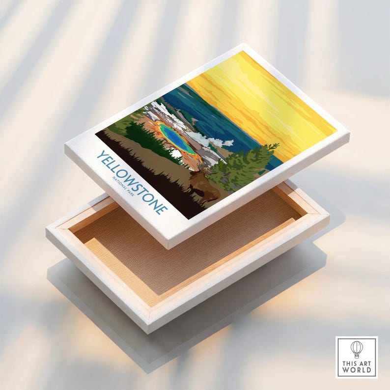 Yellowstone National Park poster on stretched canvas print with sunset landscape and hot spring.